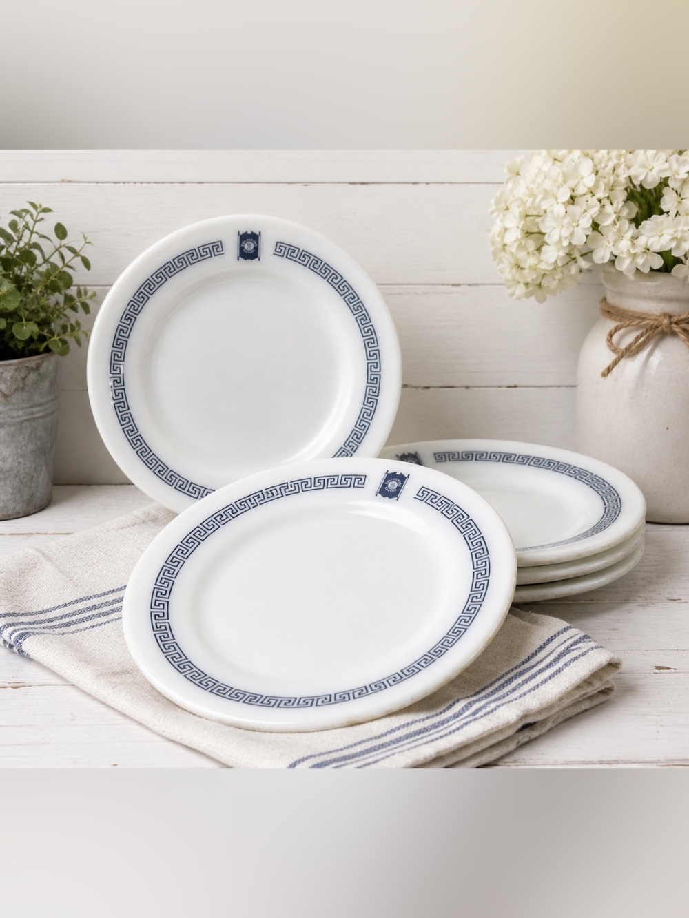 Vintage Set Of 4 Pyrex Bradford House Milk Glass Blue Greek Key 7” Salad Plates